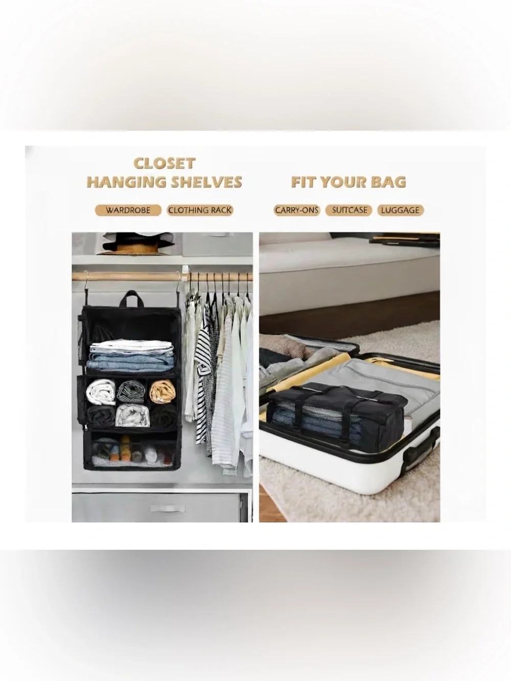 Travel Hanging Organizer Suitcase Compressible Storage Shelves Includes Shoe Bag